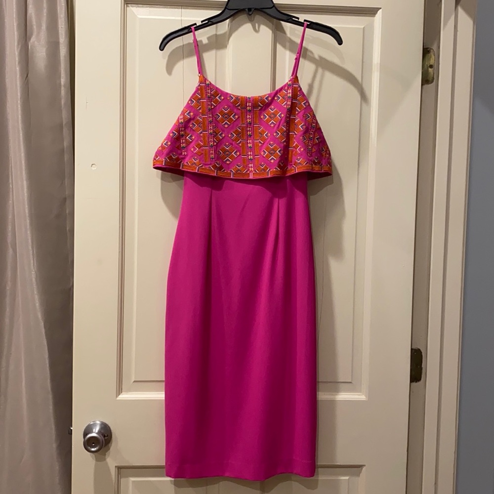 Gianni Bini hot pink embroidered spaghetti strap fitted dress size 0 worn once